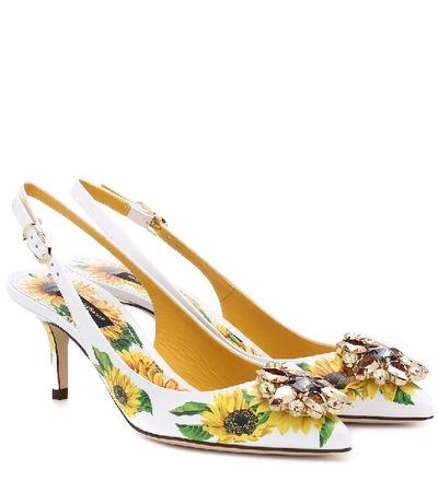 Shop Dolce & Gabbana Floral Leather Slingback Pumps In White