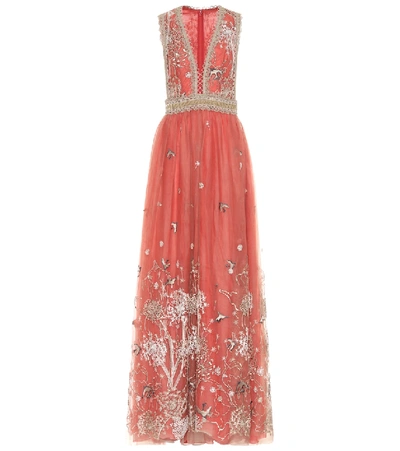 Shop Costarellos Embroidered Tulle Gown In Red