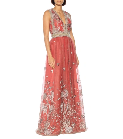 Shop Costarellos Embroidered Tulle Gown In Red