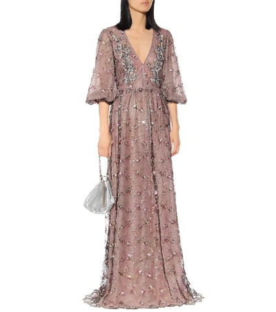 Shop Costarellos Crystal-embellished Tulle Gown In Purple