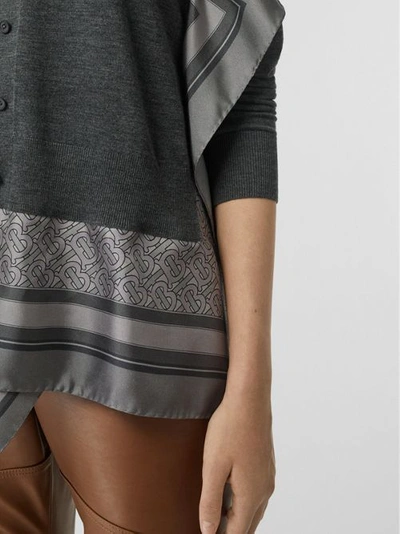 Shop Burberry Monogram Print Scarf Detail Wool Cardigan In Grey Melange