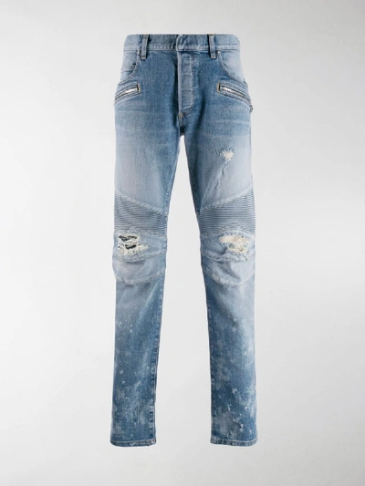 Shop Balmain Distressed Biker Jeans In Blue