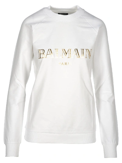 Shop Balmain Logo Print Sweatshirt In White + Gold