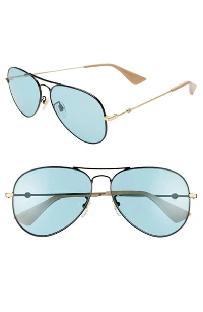 Shop Gucci 60mm Aviator Sunglasses In Shiny Black/blue