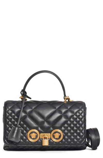 Shop Versace Medium Icon Quilted Leather Top Handle Bag In Black/ Tribute Gold