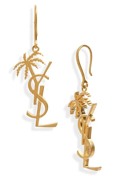 Shop Saint Laurent Palm Logo Drop Earrings In Gold