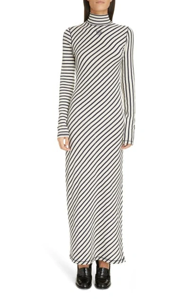 Shop Loewe Stripe Long Sleeve Cotton Jersey Maxi Dress In Navy/ White