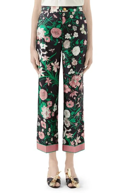 Shop Gucci Flora Print Silk Twill Crop Pants In Black/ Pink Print