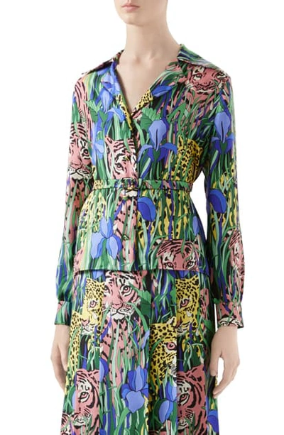 Shop Gucci Feline Garden Print Silk Twill Blouse In Green/ Rose Print