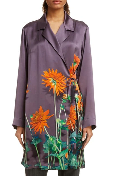 Shop Dries Van Noten Calberta Dahlia Print Silk Robe Jacket In Purple