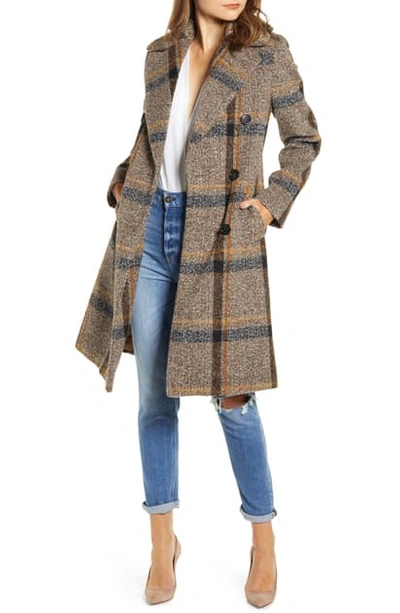 Shop Kendall + Kylie Plaid Double Breasted Coat In Brown Plaid
