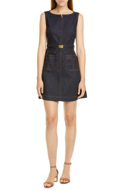 Shop Tory Burch Zip Front Sleeveless Denim Minidress In Resin Rinse