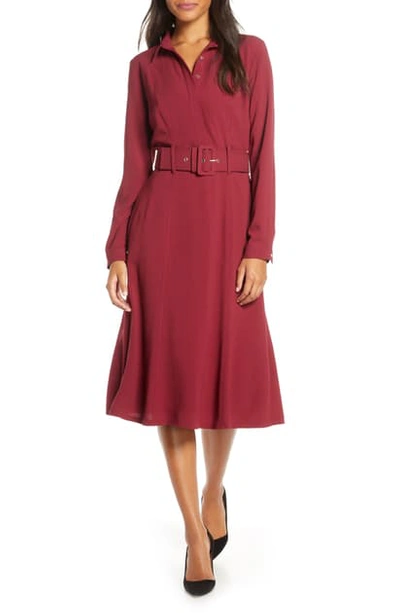 Shop Donna Ricco Long Sleeve Belted Shirtdress In Wine