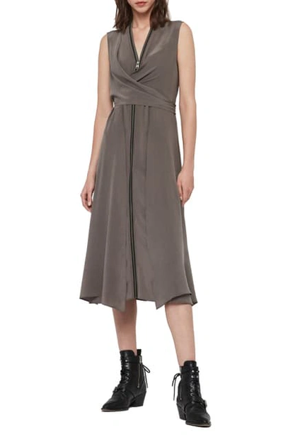 Shop Allsaints Jayda Exposed Zip Sleeveless Silk Dress In Birch Grey