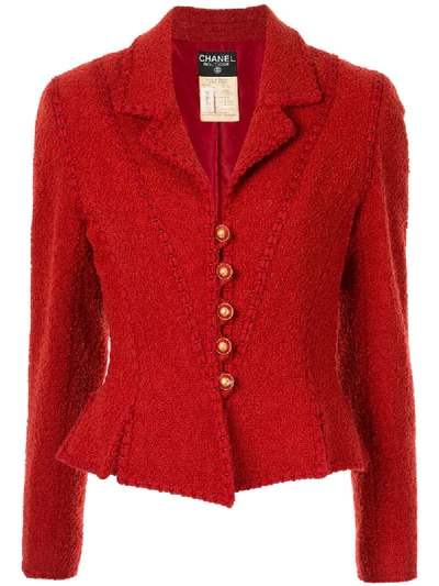 Shop Chanel Stitching Detail Jacket In Red