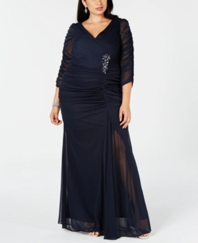 Shop Adrianna Papell Plus Size Three-quarter-sleeve Ruched Gown In Navy