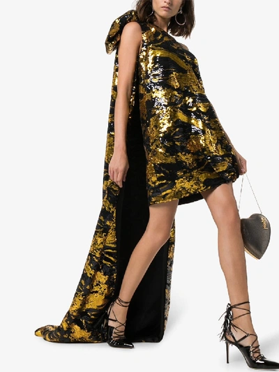 Shop Halpern One Shoulder Sequin Dress With Train In Gold