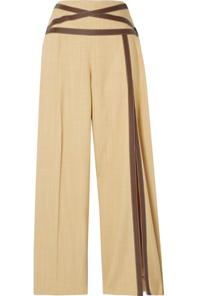 Shop Rosie Assoulin Criss Cross Applesauce Faux Leather-trimmed Canvas Wide-leg Pants In Beige