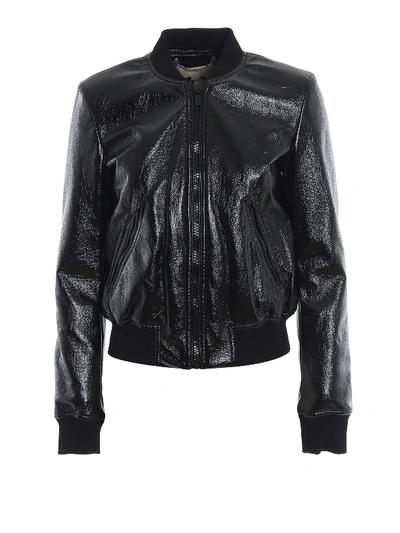 Shop Michael Kors Black Coated Faux Leather Bomber Jacket