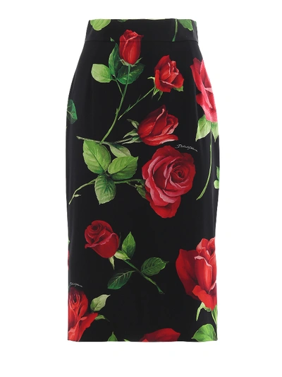 Shop Dolce & Gabbana Rose Print Charmeuse Silk Midi Skirt In Black