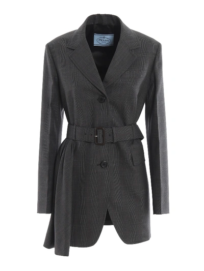 Shop Prada Prince Of Wales Wool Long Jacket In Grey
