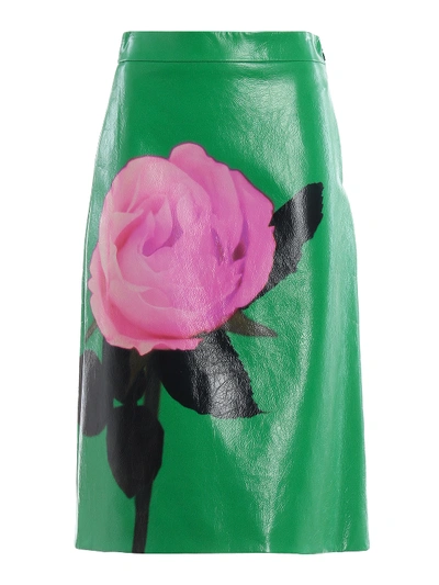Shop Prada Rose Print Leather Skirt In Green