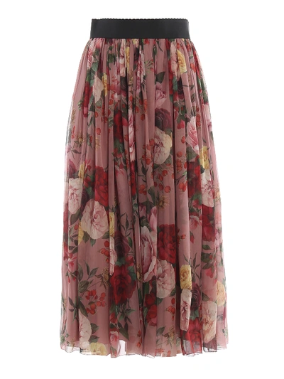 Shop Dolce & Gabbana Silk Chiffon Floral Midi Skirt In Pink