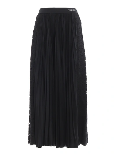 Shop Valentino Tech Fabric And Lace Pleated Skirt In Black