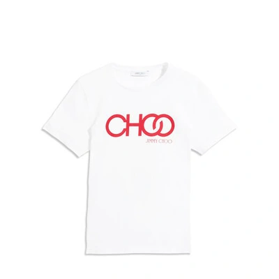 Shop Jimmy Choo Choo T White Cotton T-shirt With Red Embossed Logo Print In S104 White/red
