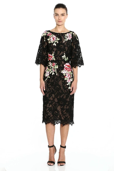Shop Marchesa Couture Lace Bateau Neck Midi Dress In Black