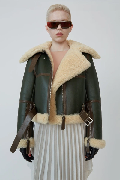 Shop Acne Studios Shearling Aviator Jacket Dk Hunter Green / Off-white