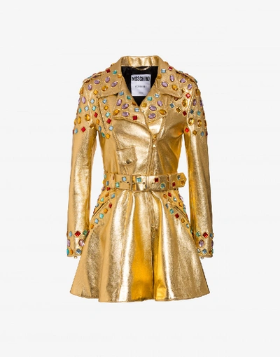 Shop Moschino Long Biker Laminated With Crystals In Gold