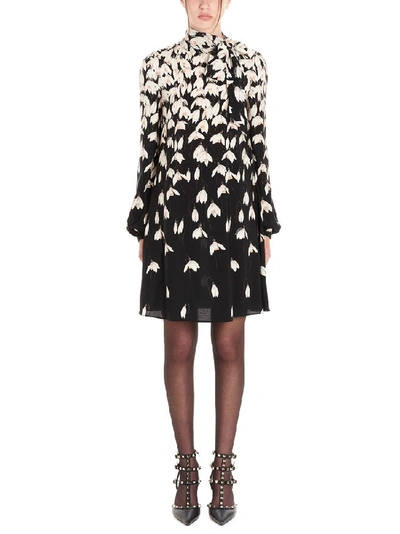 Shop Valentino Floral Print Pussybow Dress In Black