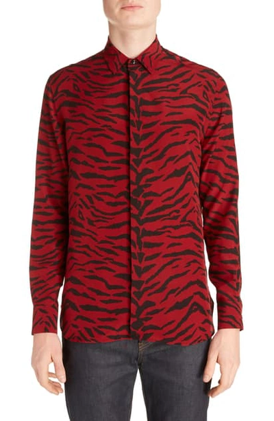 Shop Saint Laurent Zebra Print Silk Shirt In Red