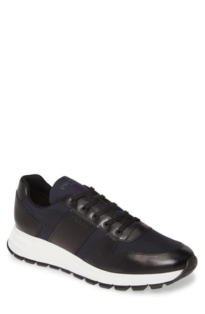 Shop Prada Nylon & Leather Runner Sneaker In Nero/ Bianco