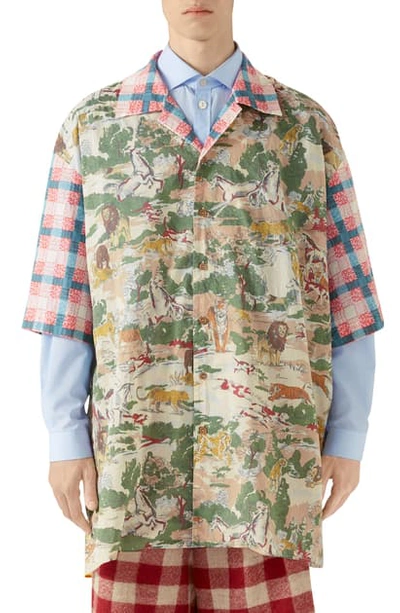 Shop Gucci Oversize Feline Print Cotton Bowling Shirt In Brown/pine Pt/mix