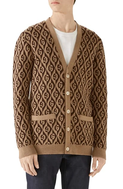 Shop Gucci G Rhombus Jacquard Wool Cardigan In Camel/brown