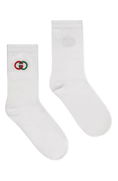 Shop Gucci Double G Logo Crew Socks In White/ Dark Green