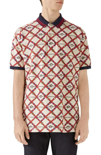 Shop Gucci Belt Chess Print Short Sleeve Pique Polo In Ivory/red/mc