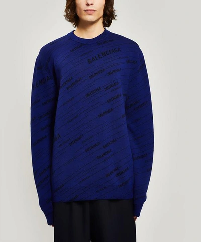 Shop Balenciaga All-over Logo Cotton Sweater In Navy