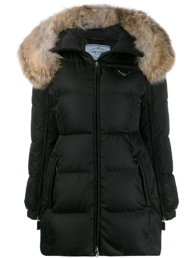 Shop Prada Down Jacket Nylon/fur In Nero