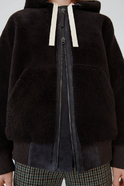 Shop Acne Studios Hooded Shearling Jacket Chocolate/dark Brown