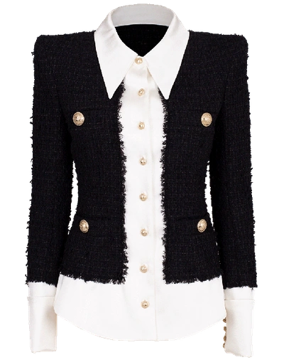 Shop Balmain Tweed And Satin Shirt Jacket In Noir-bla