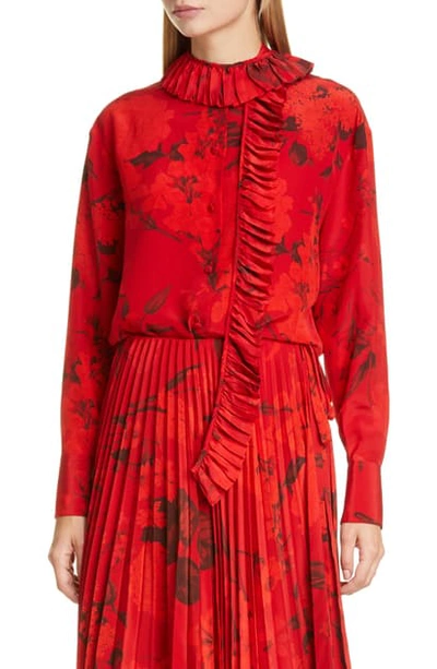 Shop Valentino Floral Pleated Ruffle Trim Silk Crepe De Chine Shirt In Bq0-red Floral