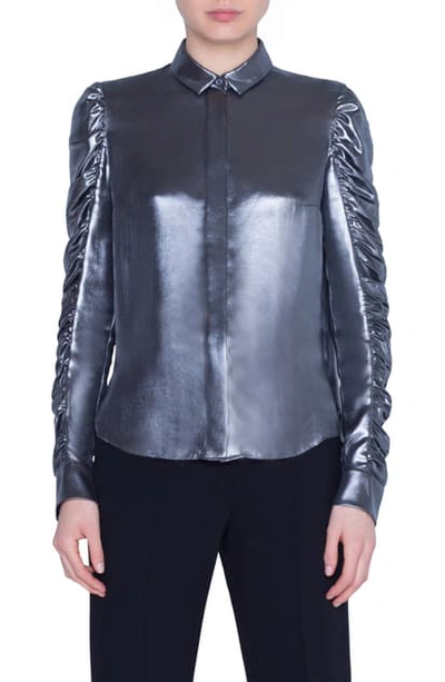 Shop Akris Punto Ruched Sleeve Metallic Crepe Blouse In Silver