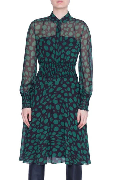 Shop Akris Punto Animal Dot Print Long Sleeve Dress In Black Emerald