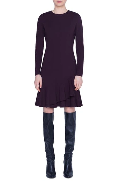 Shop Akris Punto Volant Hem Long Sleeve Jersey Dress In Burgundy