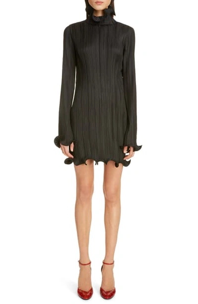 Shop Givenchy Ruffle Trim Long Sleeve Plisse Minidress In Black