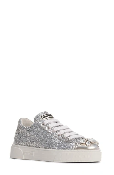Shop Miu Miu Crystal Cap Toe Glitter Sneaker In Silver