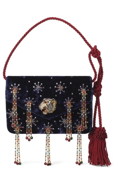 Shop Gucci Crystal Embellished Velvet Evening Bag In Blue Royal Multi